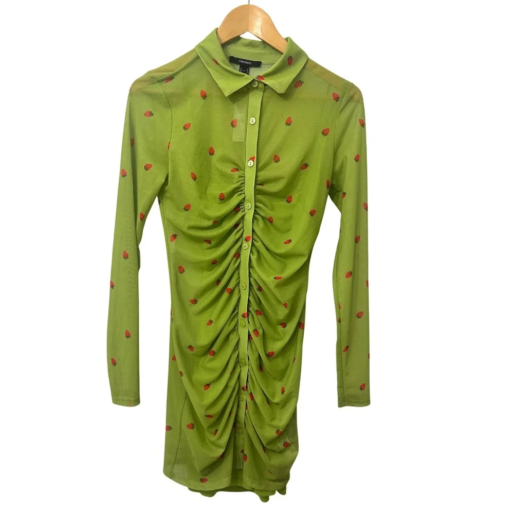 Forever 21 Strawberry Print Ruched Mesh Mini Dress Green Long Sleeve Medium NWT